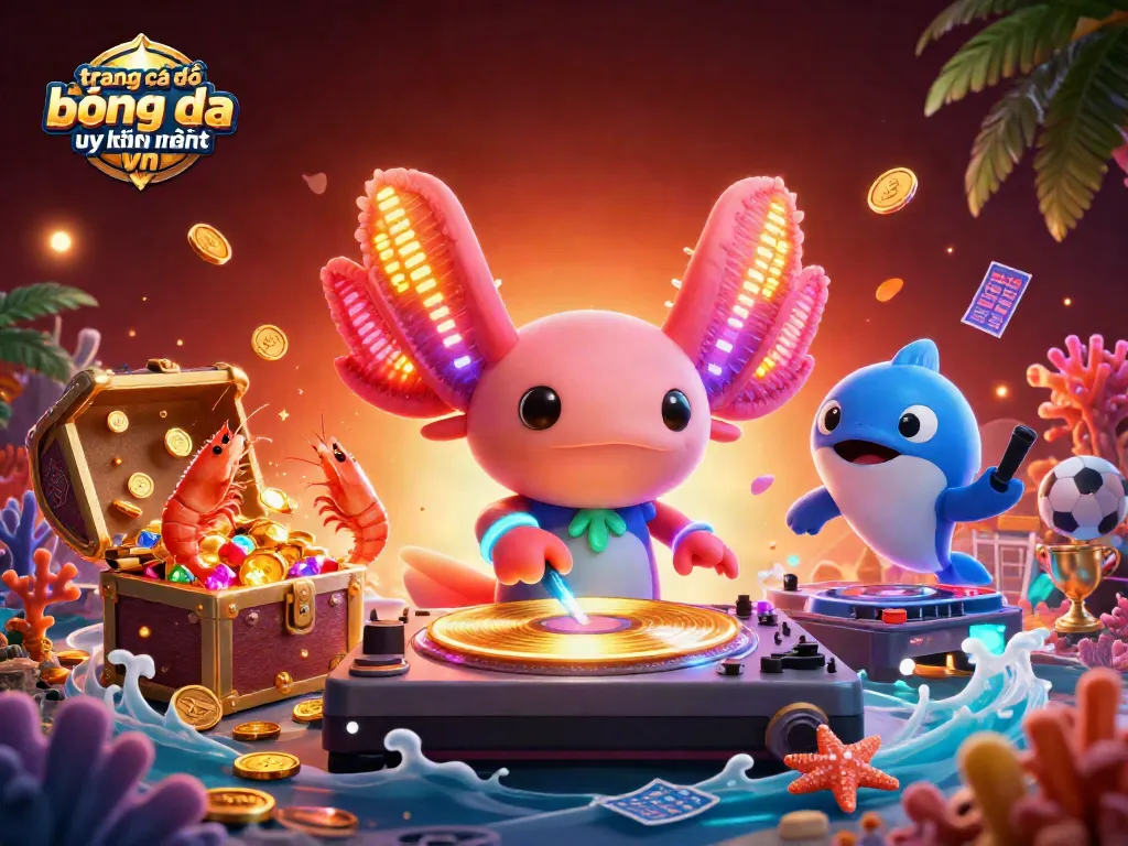 Hình ảnh trang cá độ bóng đá uy tín nhất vn với DJ axolotl 3D nhảy múa và các yếu tố thể thao