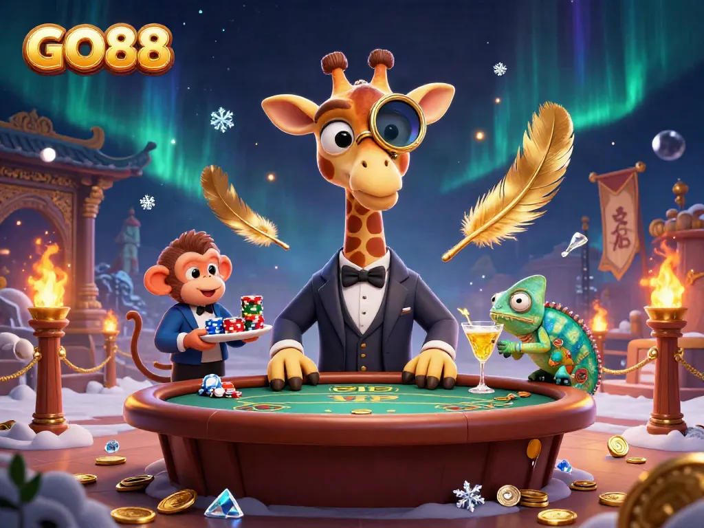 Experience GO88 with a vibrant 3D illustration showcasing a high-roller giraffe and casino elements.