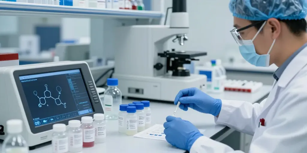 Scientist analyzing voltera research peptides in a modern laboratory setting