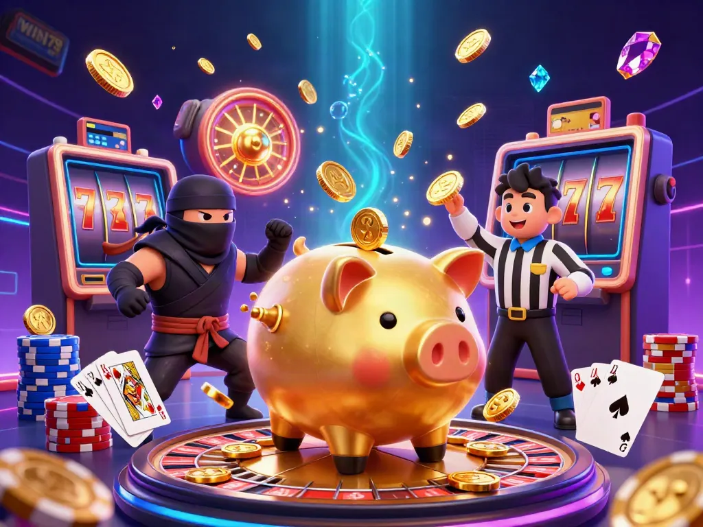 Experience thrilling action in WIN79 with a sumo wrestler piggy bank showering coins amidst vibrant casino elements.