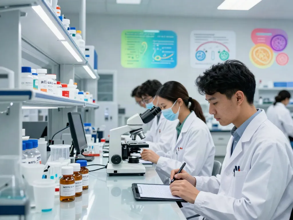Researchers in a lab focused on experiments involving buy mots-c peptides, showcasing high-tech equipment and scientific collaboration.