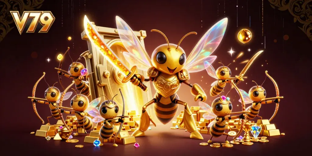 V79 khắc họa trải nghiệm chơi game sôi động với hình ảnh hornet khổng lồ và kho vàng tràn đầy ánh sáng.
