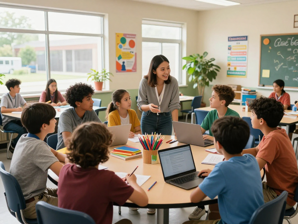 Students engaging in vibrant tuition classes near me, collaborating in a bright classroom filled with learning materials.