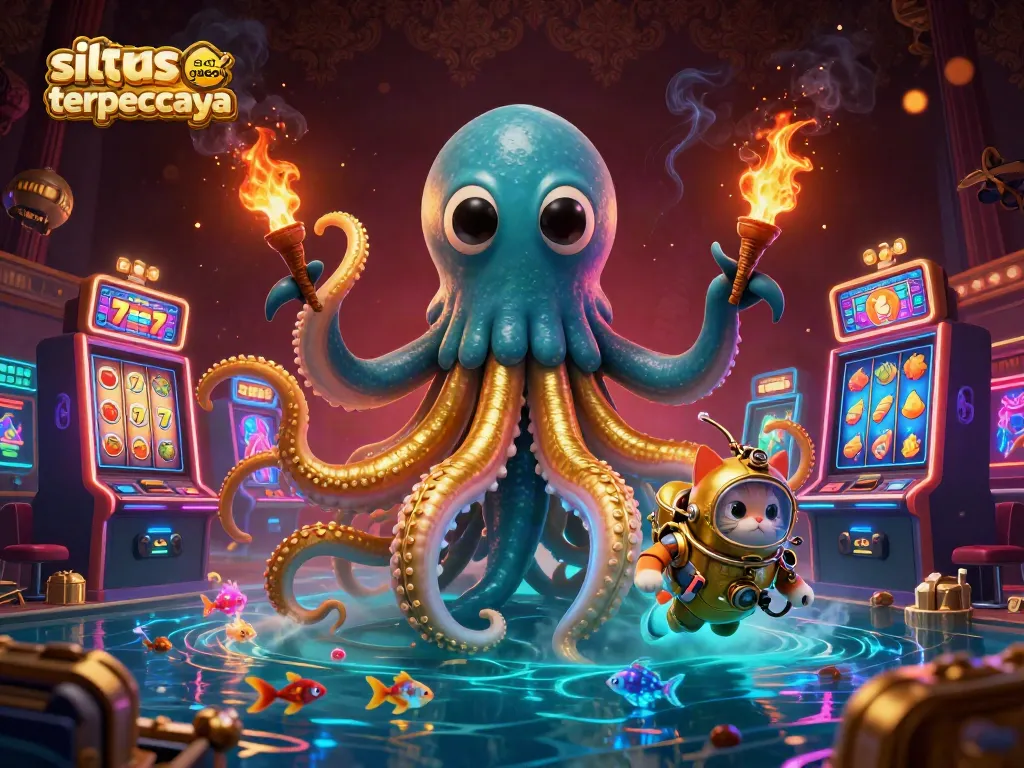 Engage with casino excitement featuring situs slot gacor terpercaya, illustrated with a vibrant kraken and diving cat.