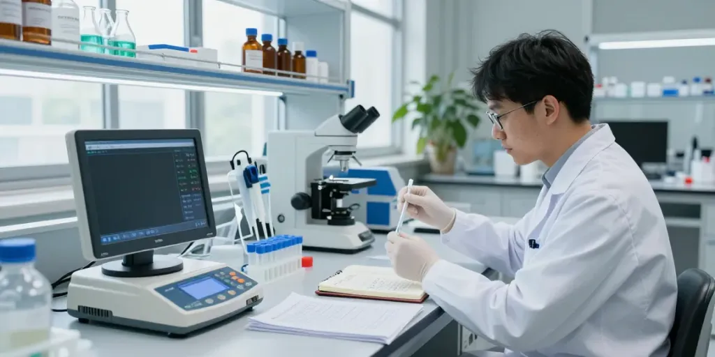 Scientist analyzing peptide samples in a modern lab showcasing peptiprices data on a screen.