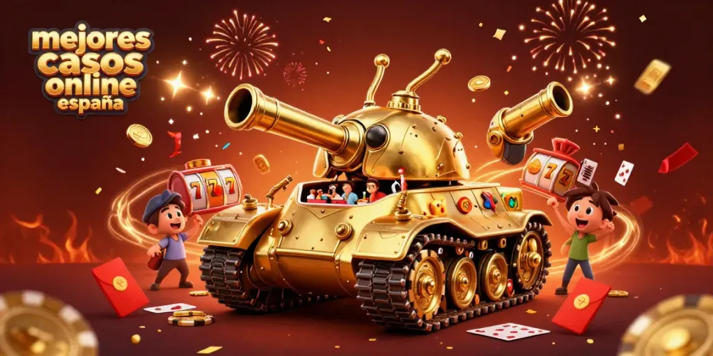 Ve los mejores casinos online en España en una emocionante escena festiva de un casino en miniatura.
