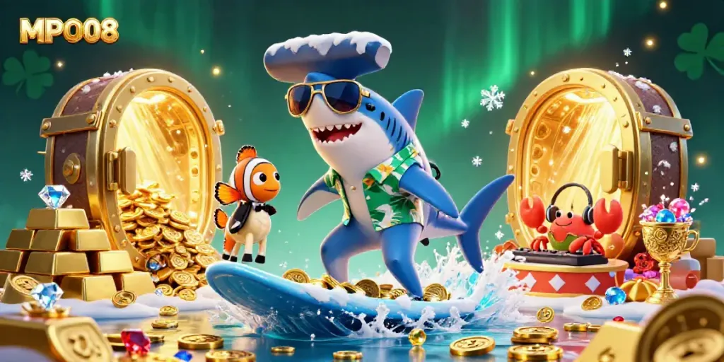 Surf the gold coin wave with MPO08 featuring a shark, clownfish, and crab in a dynamic casino scene.