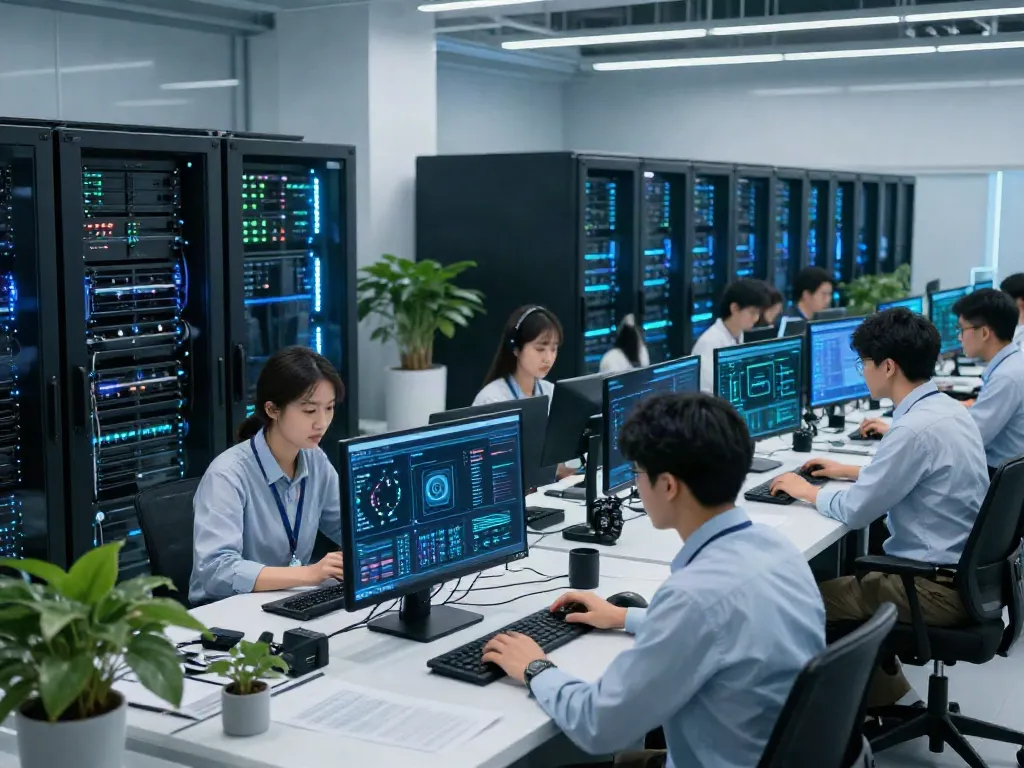 Engineers optimizing GPU configurations in a modern AI data center.