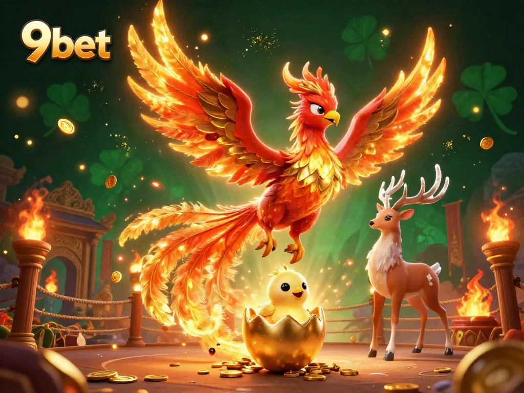Experience thrilling gambling at 9bet with soaring phoenix, golden coins, and vibrant casino elements.