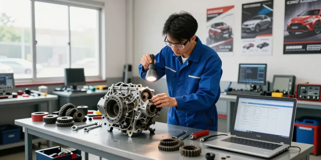 Highly skilled mechanic inspecting a CD009 transmission in a well-lit automotive workshop.