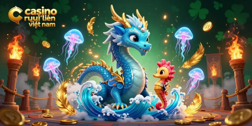 Trải nghiệm sòng bạc trực tuyến Việt Nam với biểu tượng rồng nước và ngựa seahorse trong bối cảnh đầy màu sắc.