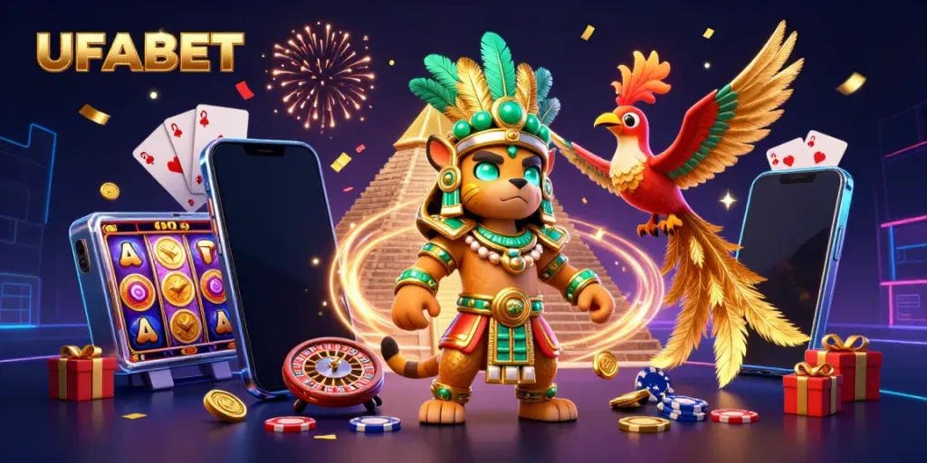 Spin vibrant slots and win with UFABET's dynamic gaming experience featuring colorful illustrations.