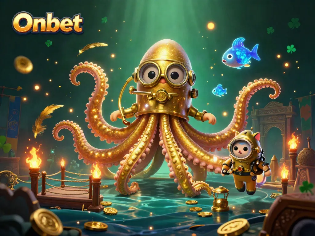 Engage with Onbet's thrilling gaming adventure featuring a kraken, diving cat, and vibrant casino elements.