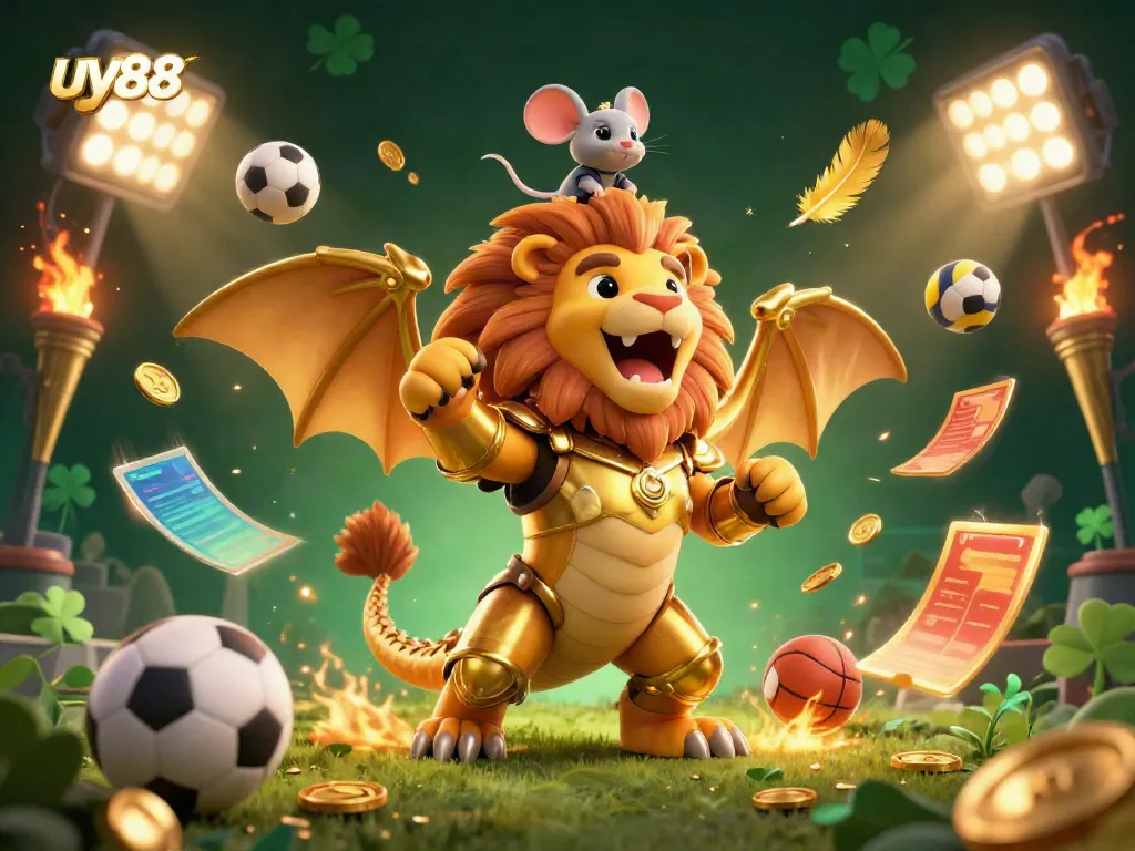 Engaging 3D illustration of the uy88 casino experience features dynamic sports elements and a triumphant chimera.