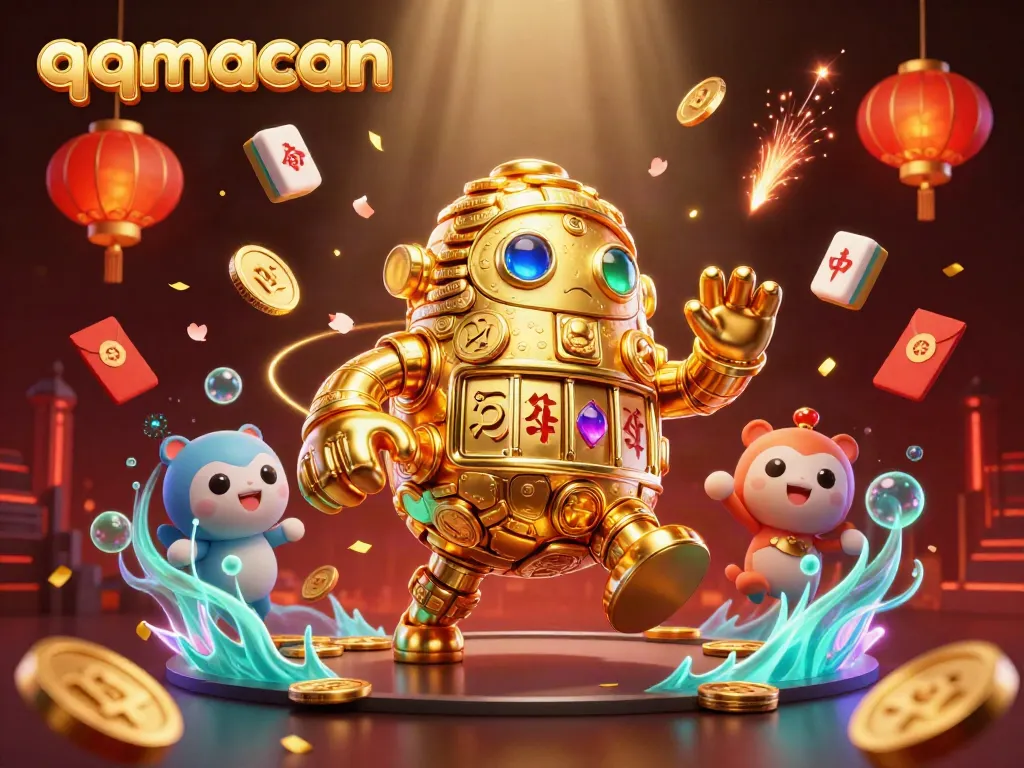 Experience the excitement of qqmacan with a dynamic golden golem and vibrant casino elements.
