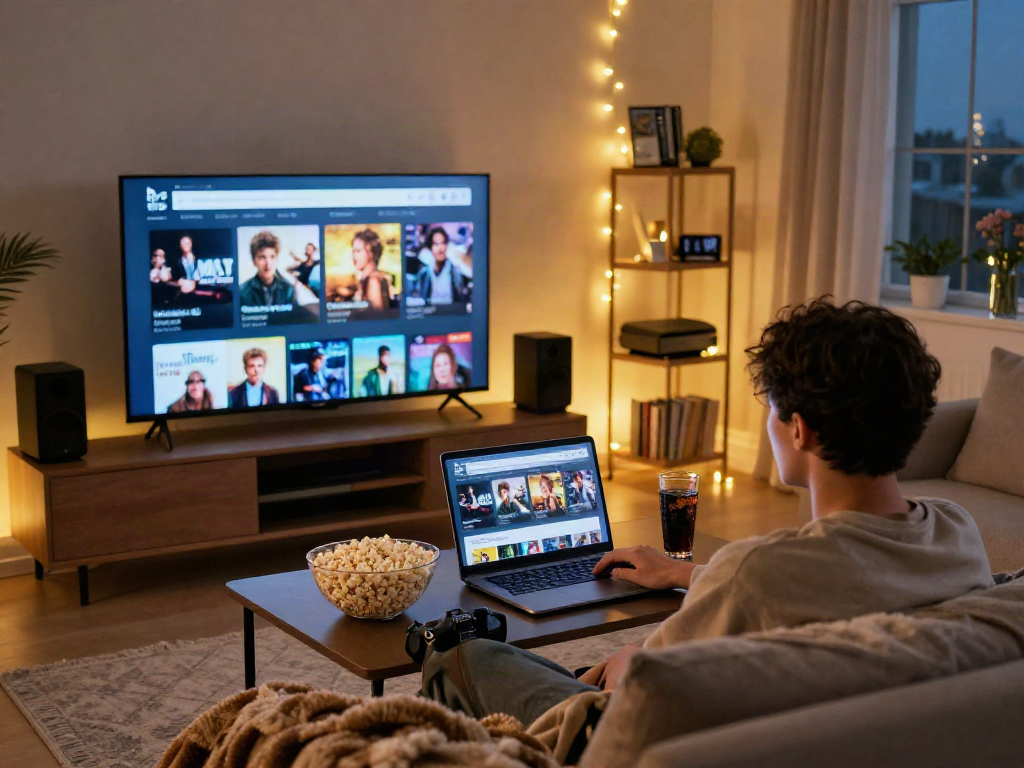 Cocoflix streaming scene in a cozy living room with a viewer enjoying a movie.