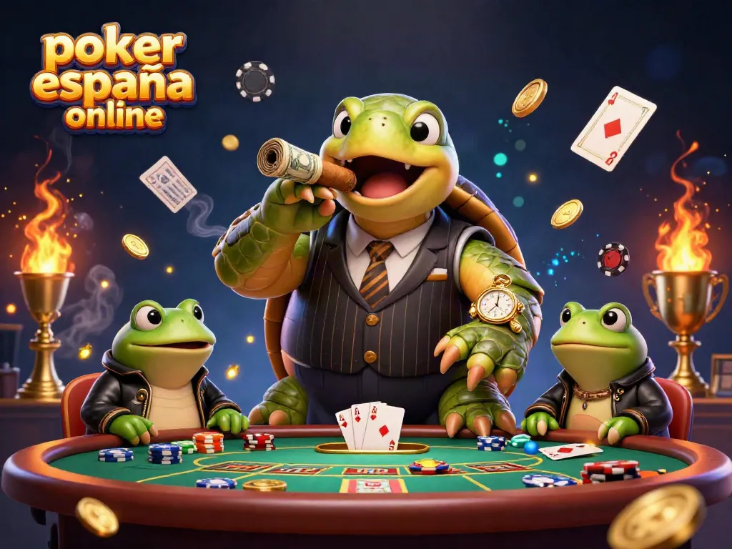 Juega al póker España online con esta ilustración dinámica de personajes en un casino virtual.