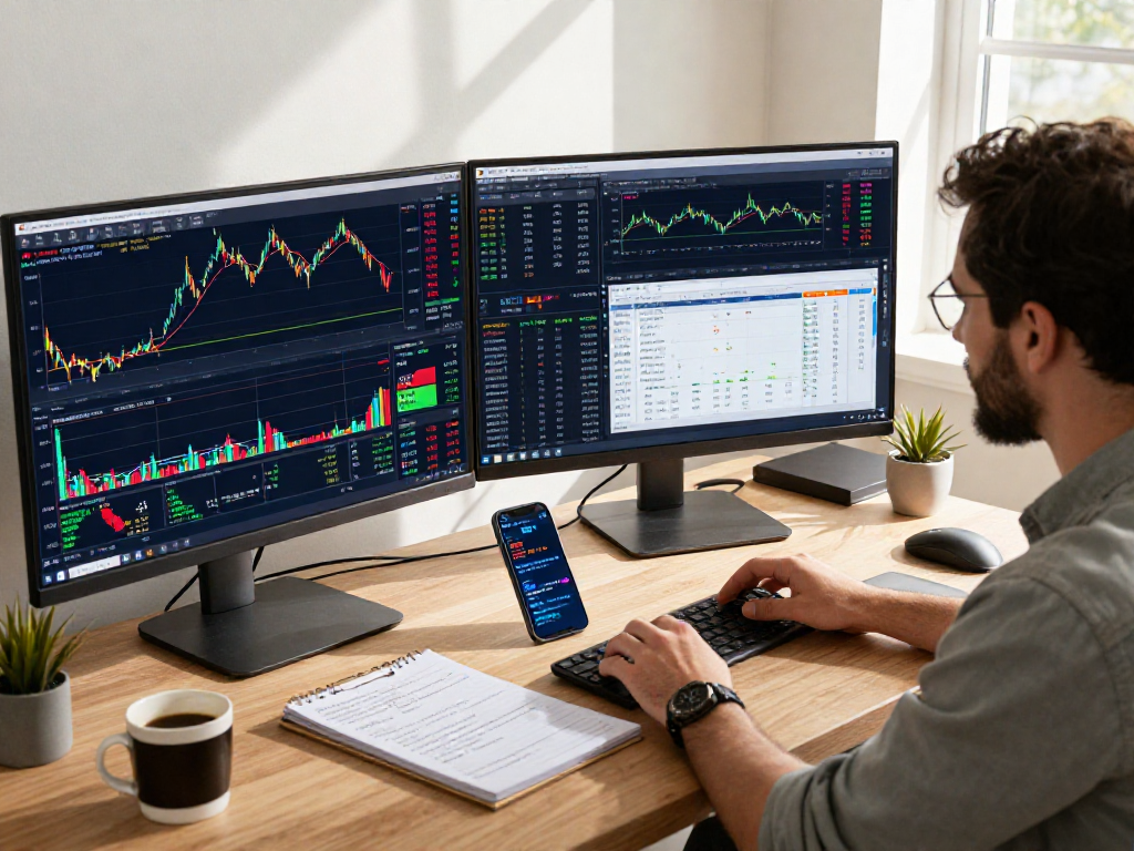 使用TradingView进行行情分析的交易员在现代办公环境中，展示实时股市和加密货币图表。