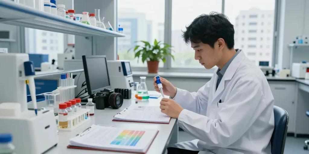 Researcher analyzing SwissChems peptides in a modern lab.