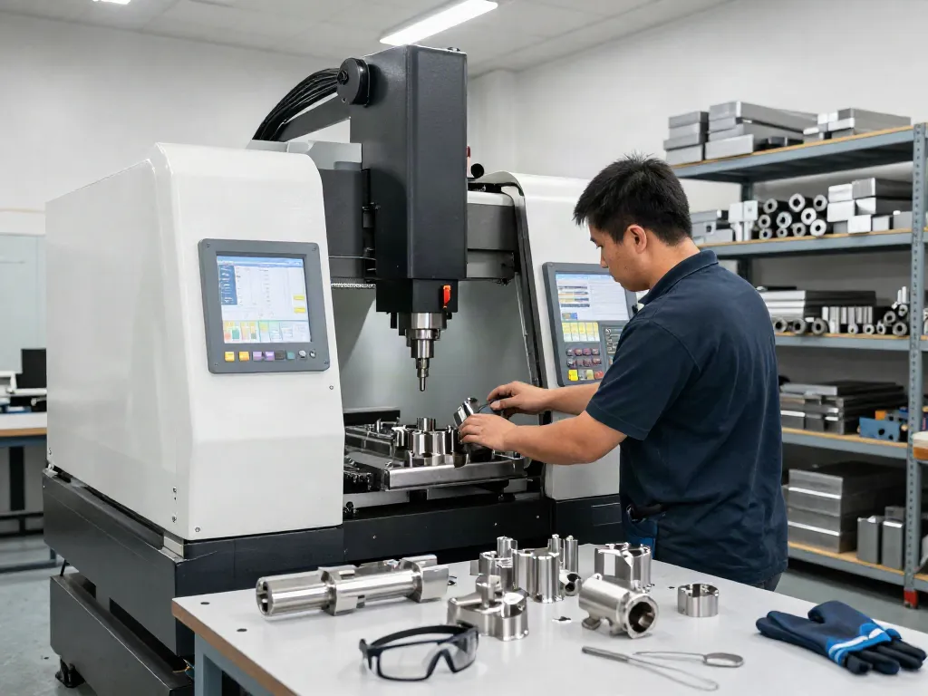 CNC machining parts manufacturer technician operating a milling machine in a precision workshop.