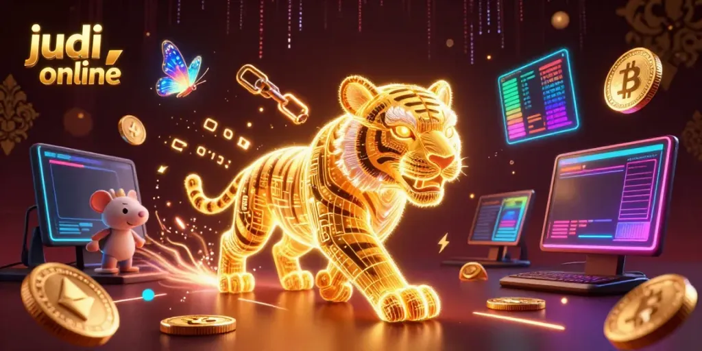 Engage in exhilarating judi bola online with a vibrant 3D digital casino scene featuring a glowing tiger.