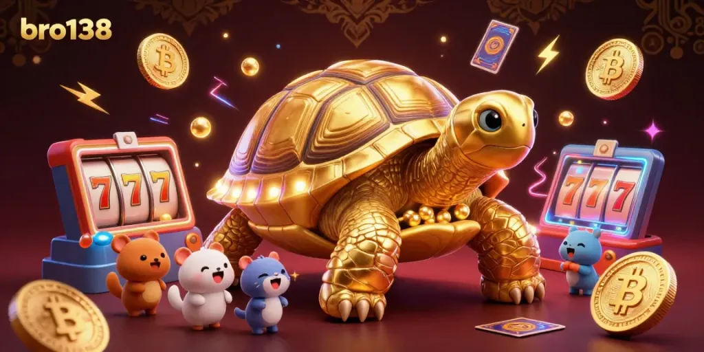 Spin to win with bro138 featuring a colossal tortoise pinball machine surrounded by vibrant slot elements.