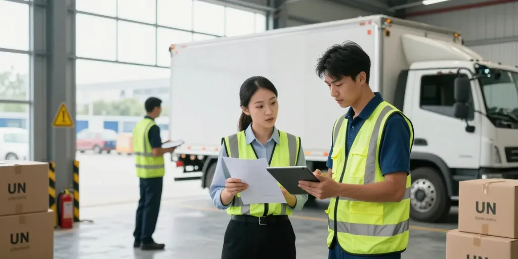 Professionelles Gefahrguttransport Deutschland Team arbeitet in Lager mit Sicherheitsausstattung.
