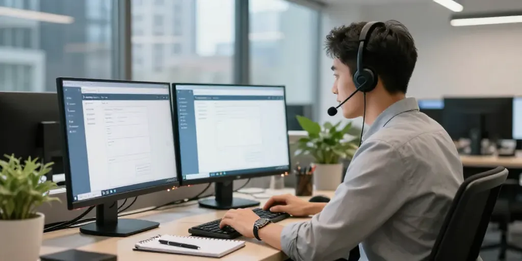 Hotmail support Canada customer service representative assisting users in a modern office.