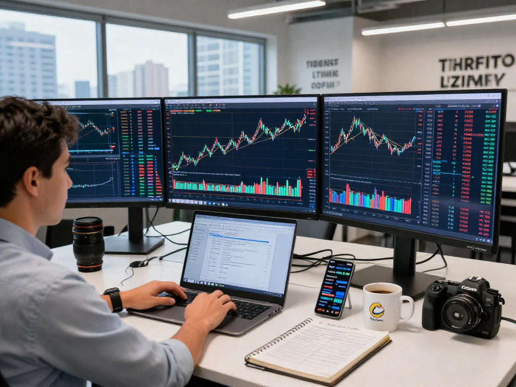 Trader analyzing TradingView charts on multiple screens in a modern office