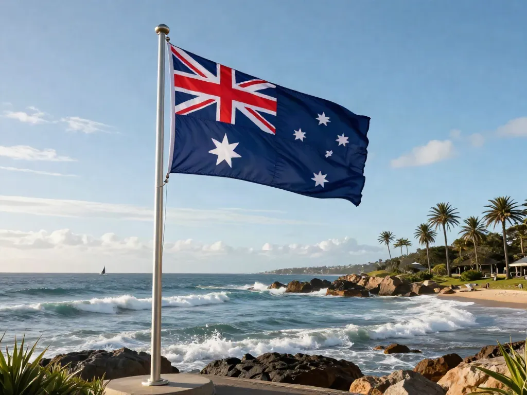 Premium aluminium flagpoles Australia standing strong on a beautiful coastline with the Australian flag waving.