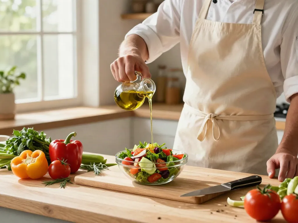 Persiapan salad dengan minyak sehat dari https://merdeka123.info/ di dapur modern yang cerah.