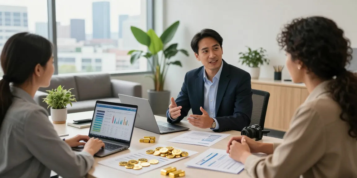 Augusta Precious Metals investment discussion in a bright office setting with charts and gold samples.