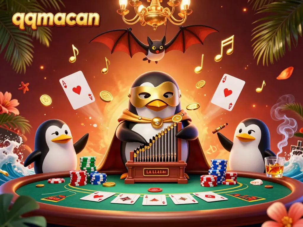 Experience the magic of qqmacan with a penguin playing a golden pipe organ surrounded by casino elements and festive atmosphere.