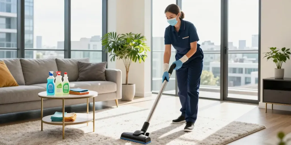 End of lease cleaning in Melbourne with professional cleaner vacuuming a modern living room.