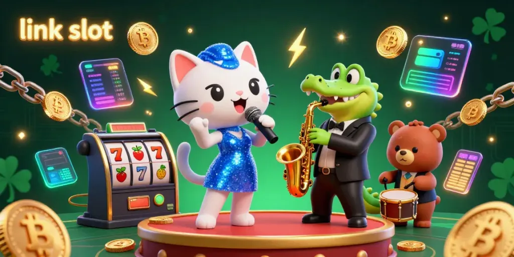 Experience the thrill of slot gaming with our dynamic link slot illustration featuring a jazz-singer cat and vibrant casino elements.