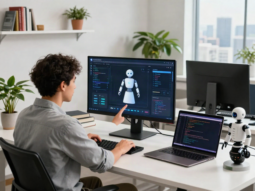 Interactive sex bot interface in modern office with developer at work