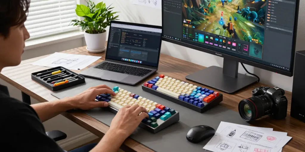 Wooting 60HE v2 upgrades showcased in a tech workspace with keyboard components and customization tools.