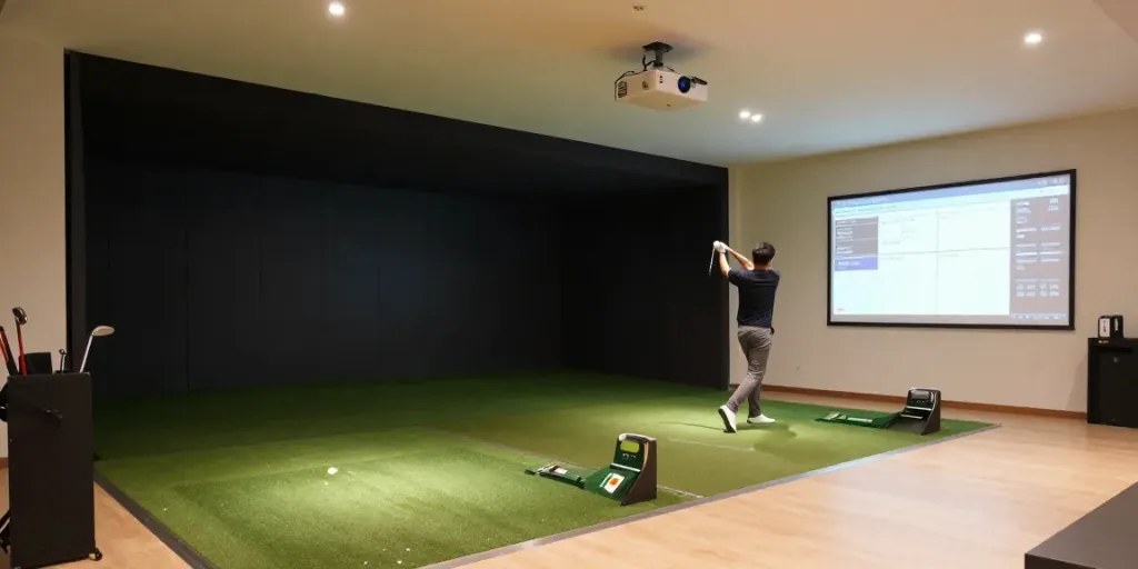 A home golf simulator setup showing how to build home golf sim with impact screen, launch monitor, and golf club in action.