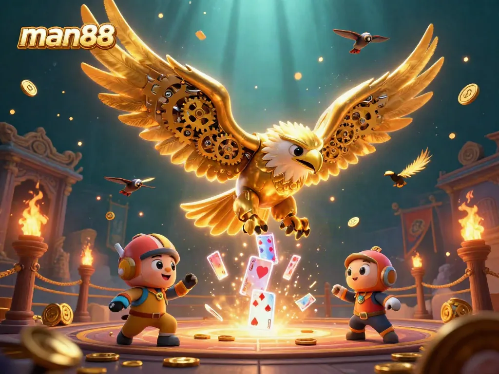 Experience thrilling gameplay with man88 as a vibrant golden eagle dives through shimmering playing cards.