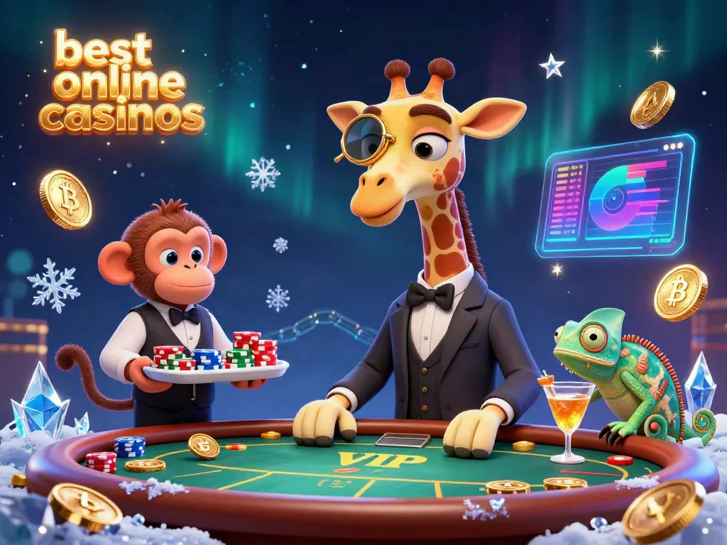 Experience the best online casinos with a high-roller giraffe enjoying a VIP poker game in a vibrant digital casino environment.