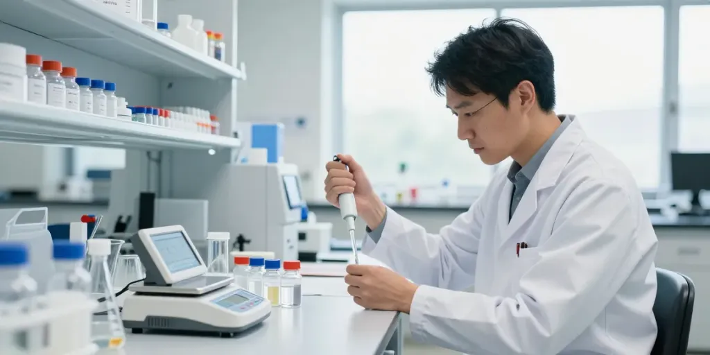 Scientist measuring american made peptides in a bright lab setting, showcasing research precision and advanced equipment.