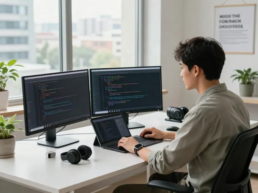 Tech workspace featuring brave浏览器 on multiple screens, showcasing innovation and productivity.