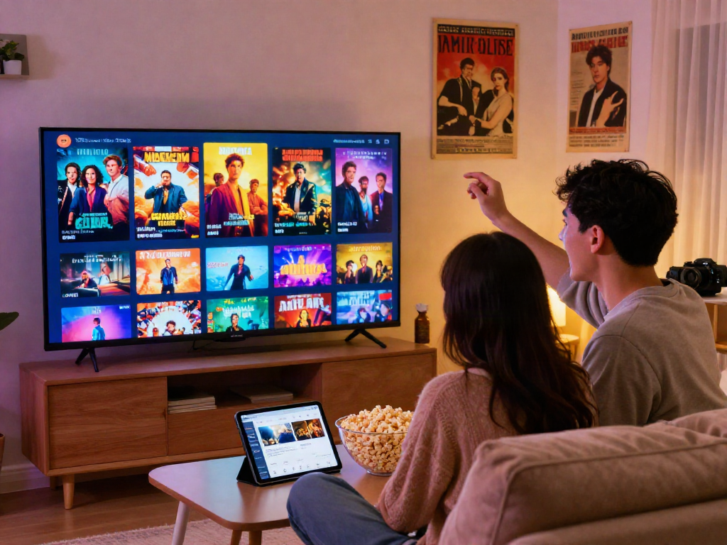 filmyzilla streaming experience in a cozy living room, showcasing a young couple exploring movies together.