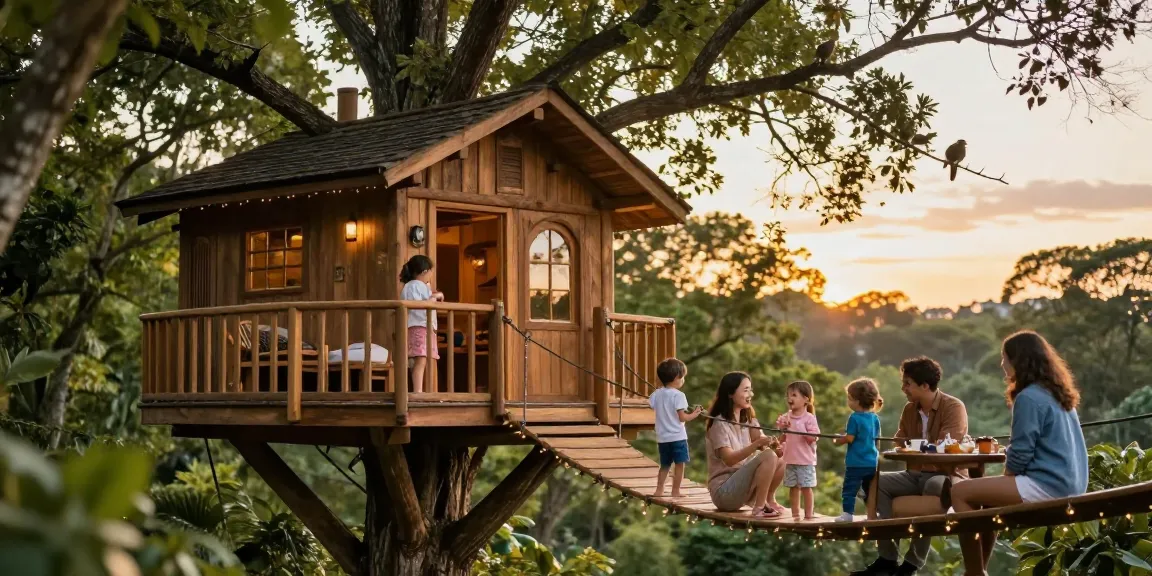 Family enjoying tree house life with children playing and parents relaxing in a serene, green environment.
