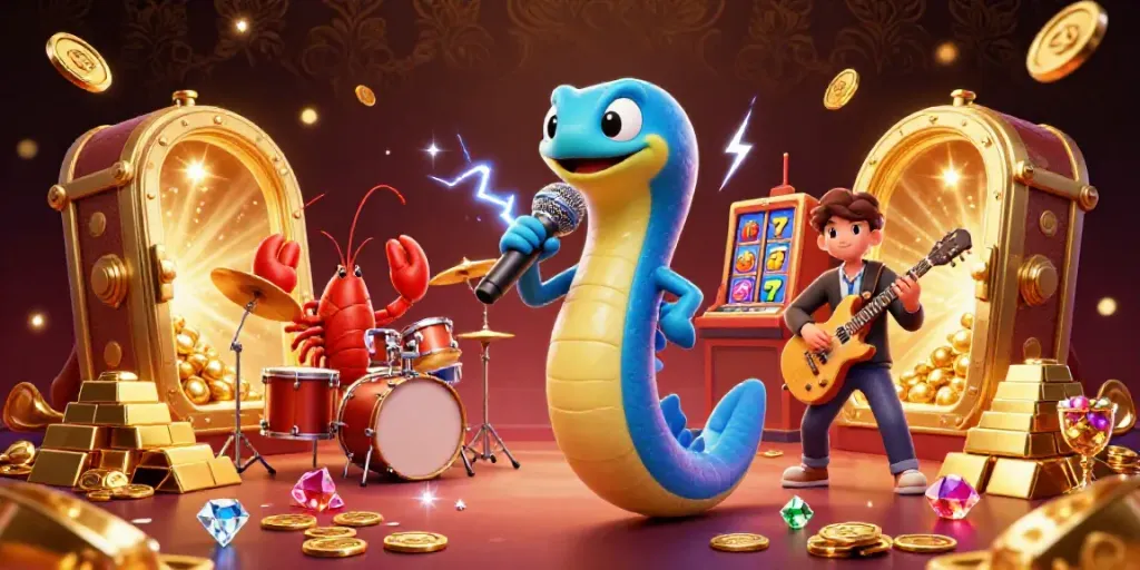 Situs slot dengan banyak pilihan game menampilkan ikan listrik DJ dan band di kasino bawah laut.