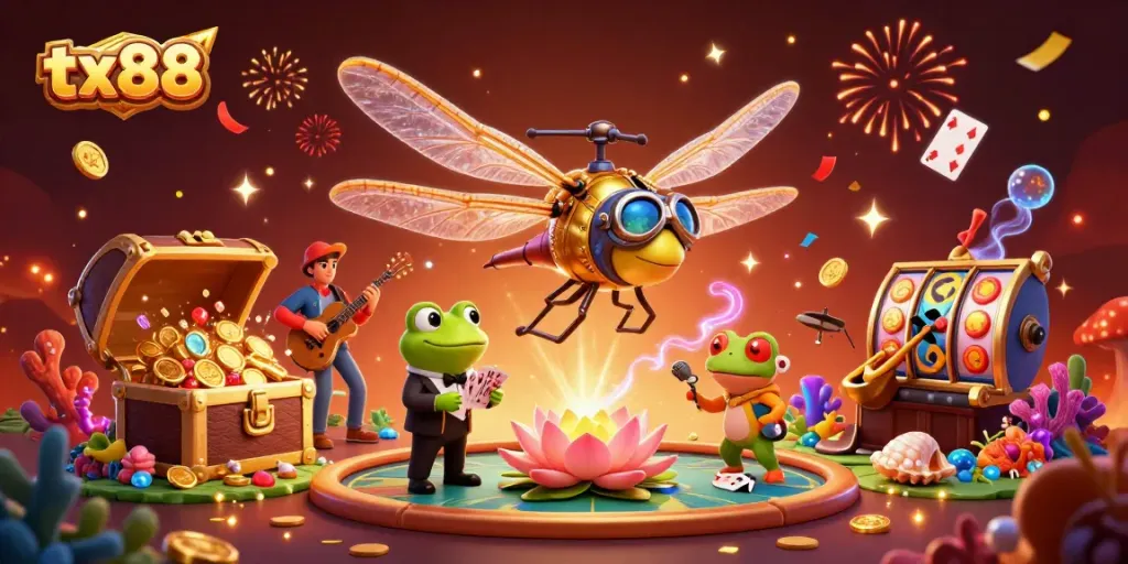 Engage in exhilarating games at tx88 featuring vibrant illustrations of a lively casino scene.