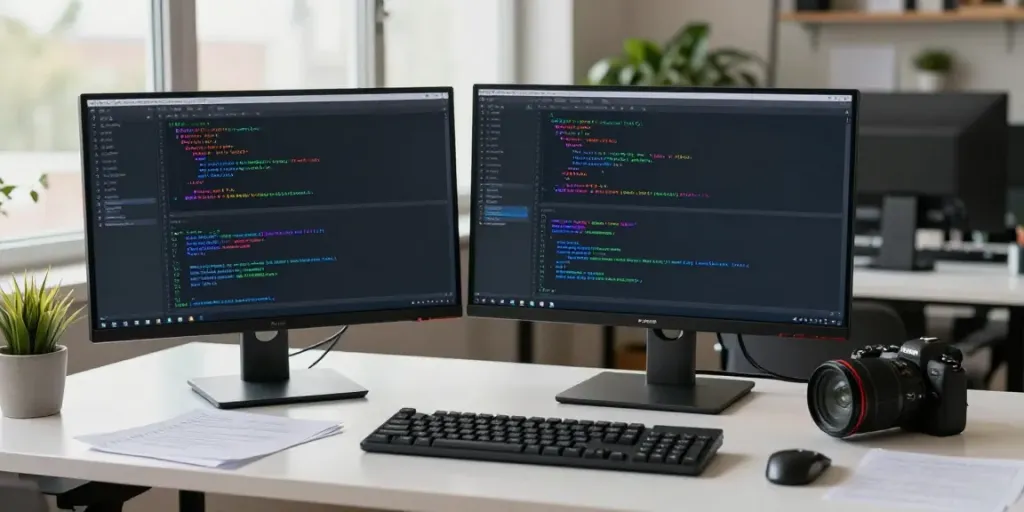 Developer using Notepad++ in a modern coding workspace with dual monitors.