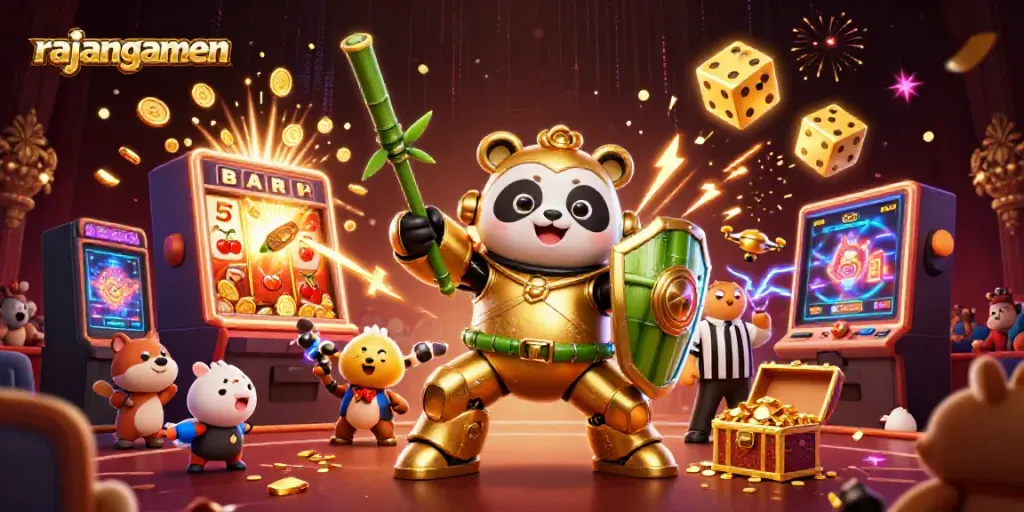 Menangkan jackpot di Rajangamen dengan robot bertema panda yang melawan di arena digital.
