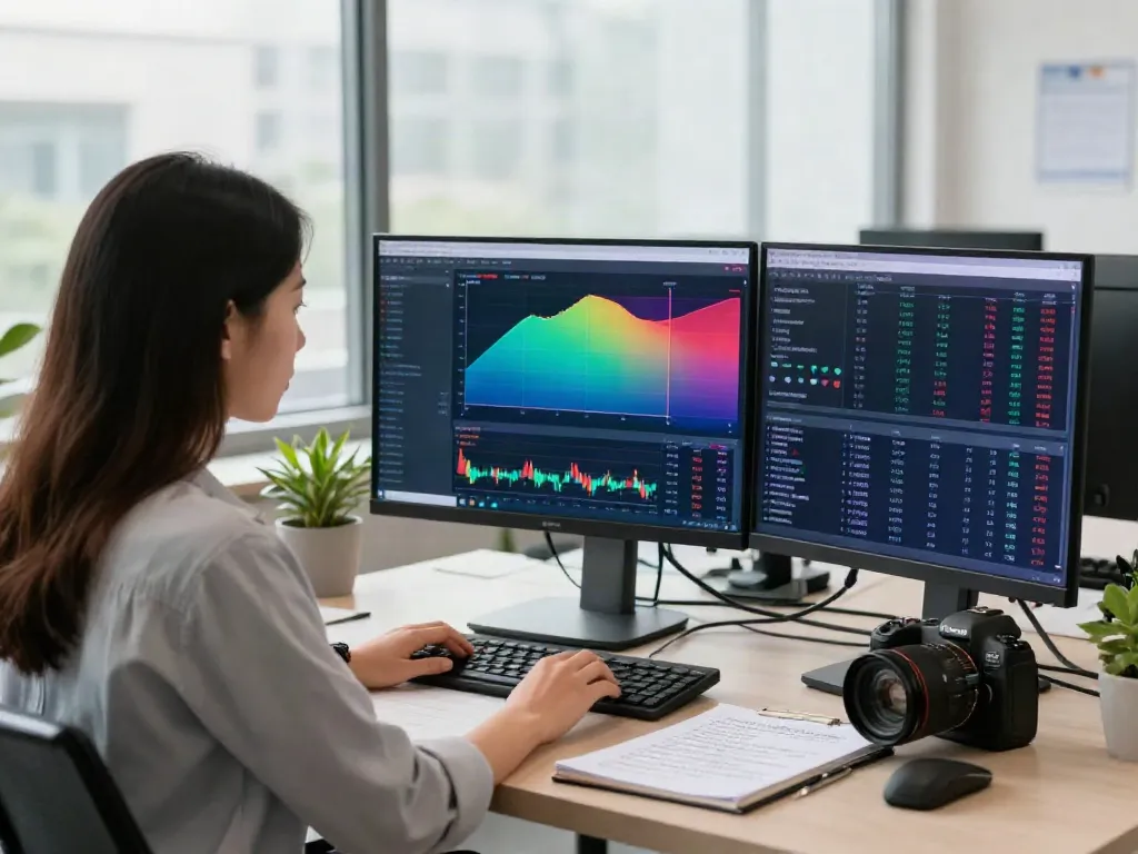 Young woman using FintechZoom.com to analyze stock market trends in a modern office