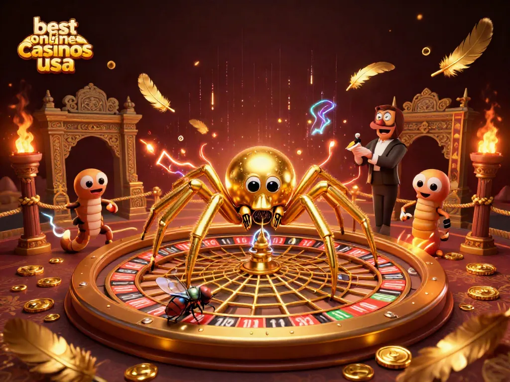 A vibrant scene depicting the best online casinos usa with a golden spider spinning a roulette wheel web, creating an engaging gambling atmosphere.
